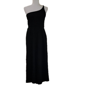 Black One Shoulder Shirred Back Strappy Linen Blend Jumpsuit Size Medium EUC